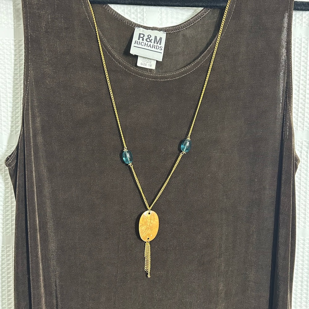 R & M Richards Brown Maxi Dress with Gold Necklace with Teal Beads- Size 18